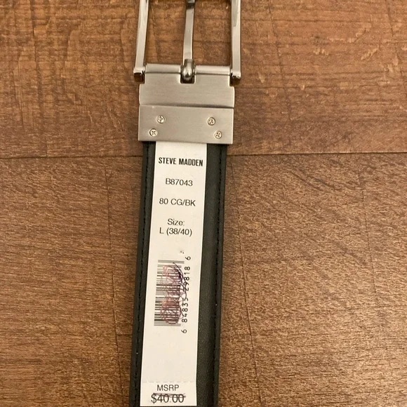 Steve Madden Brown Leather Belt Silver Buckle Reversible Black Men’s L 38/40 NWT - Picture 4 of 10